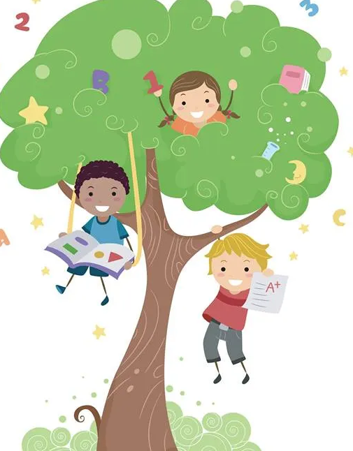 kids in tree with school materials